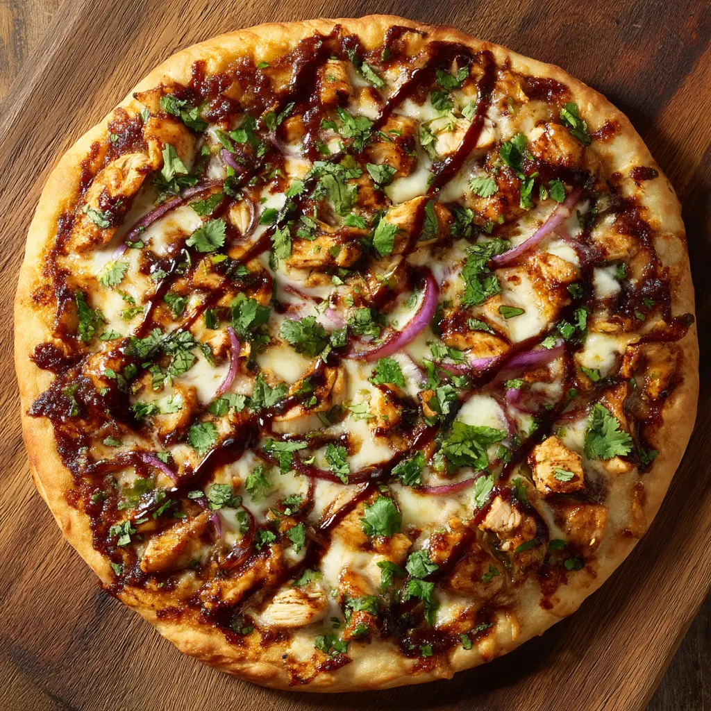Generous layer of bubbly, slightly browned mozzarella cheese melting over a Homemade BBQ Chicken Pizza.
