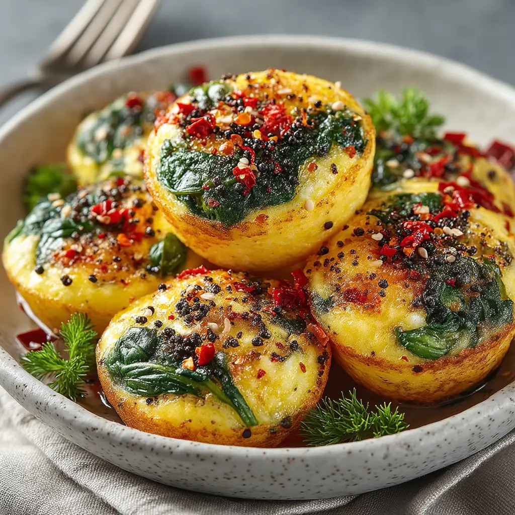 Freshly baked oven-baked egg bites speckled with black pepper and vibrant red chili flakes, with silver fork tines in the background.