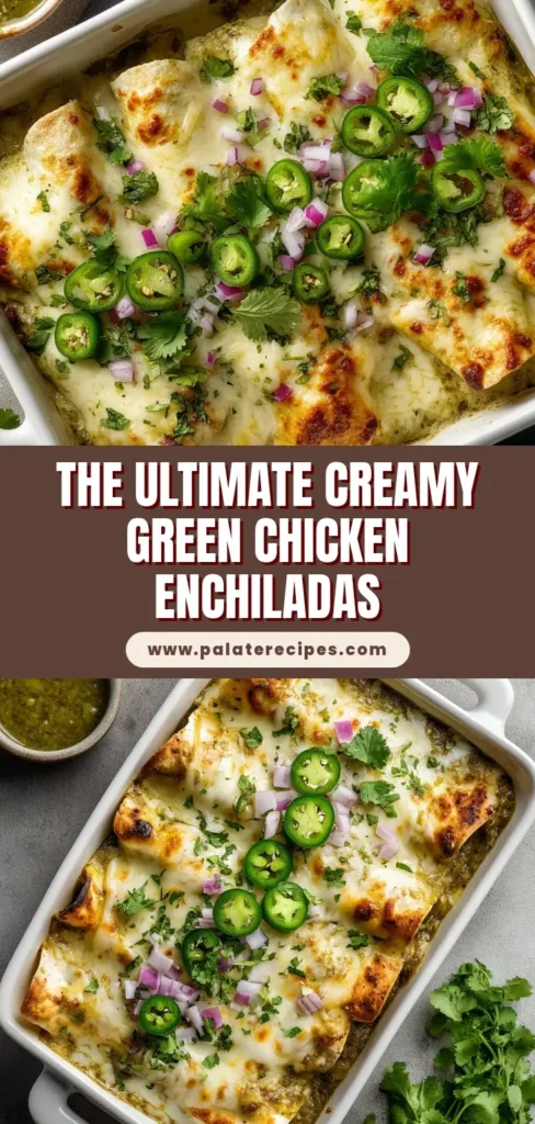 Creamy Green Chicken Enchiladas baked in a white ceramic dish, topped with bubbly Monterey Jack cheese, fresh cilantro, red onions, and sliced jalapeños.