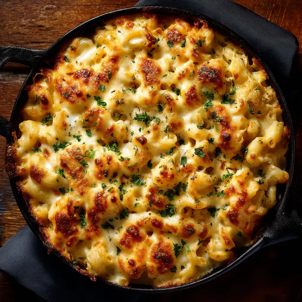 Creamy sauce peeking through a bubbly layer of melted cheddar and Monterey Jack cheese in a rustic skillet.