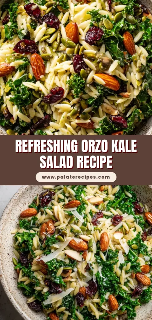 Extreme close up overhead shot of a vibrant Orzo Kale Salad in a rustic speckled ceramic bowl.