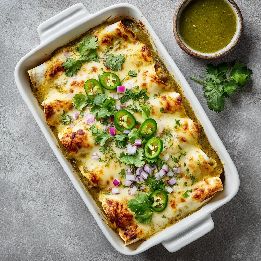 A close-up of creamy green chicken enchiladas showing the slightly browned cheese and vibrant green jalapeño rings on a concrete surface.