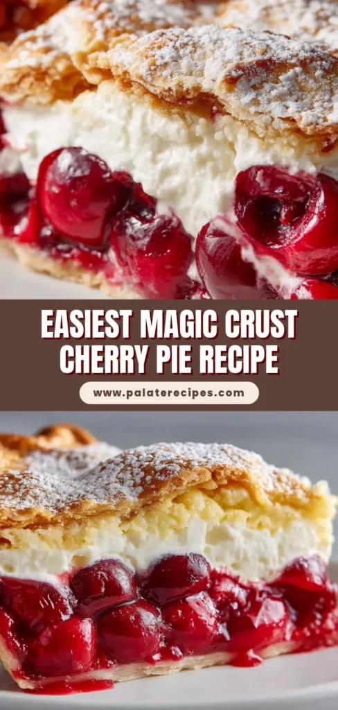 A close-up of a slice of Crazy Crust Pie on a white plate, showing a golden brown crust, creamy filling, and vibrant cherry base.
