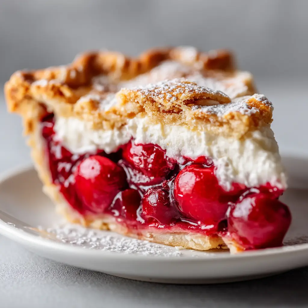 Extreme close-up of a generous slice of homemade cherry pie with a thick, golden-brown crust and a dusting of powdered sugar.