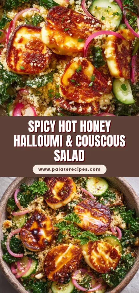 Overhead shot of Hot Honey Halloumi Salad in a rustic stoneware bowl with vibrant couscous, pickled pink onions, and perfectly seared halloumi cheese.