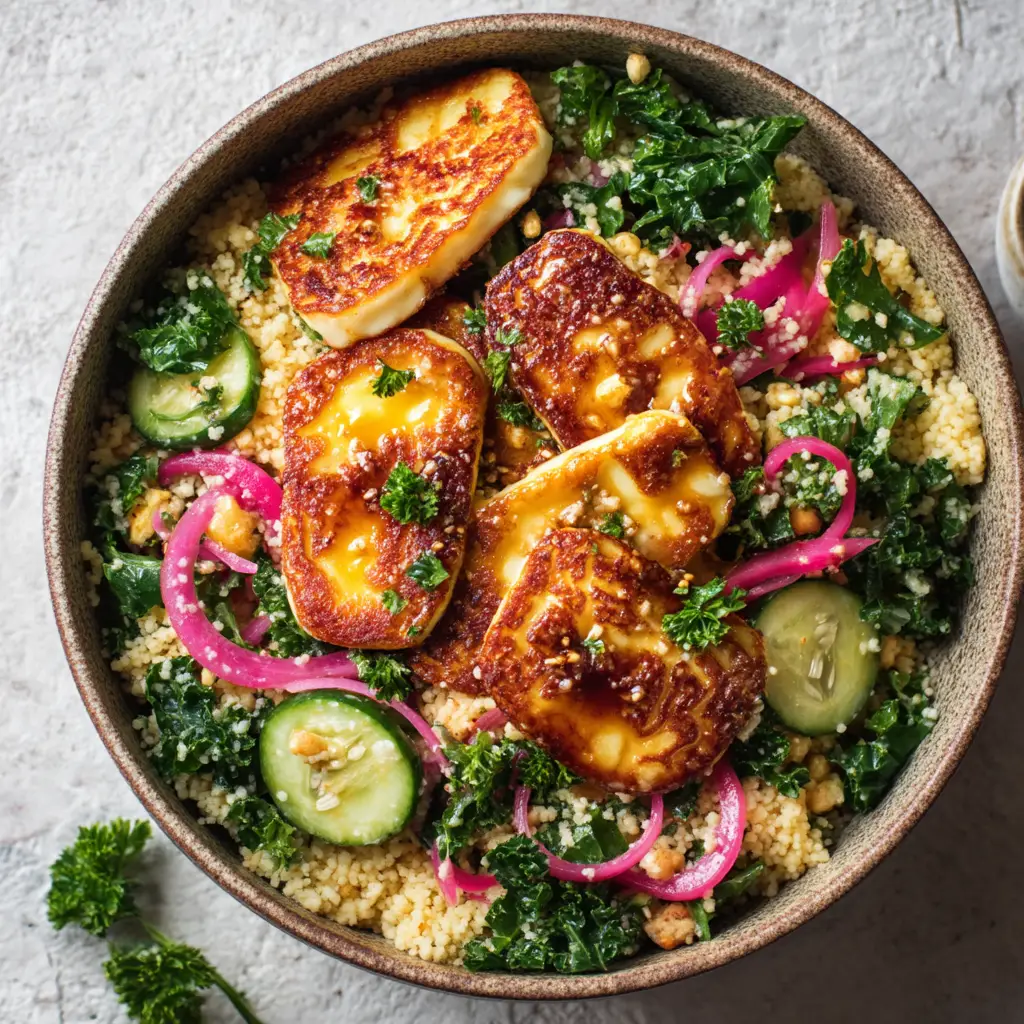 Freshly chopped kale, sliced cucumbers, and pickled pink onions prepped for Hot Honey Halloumi Salad.