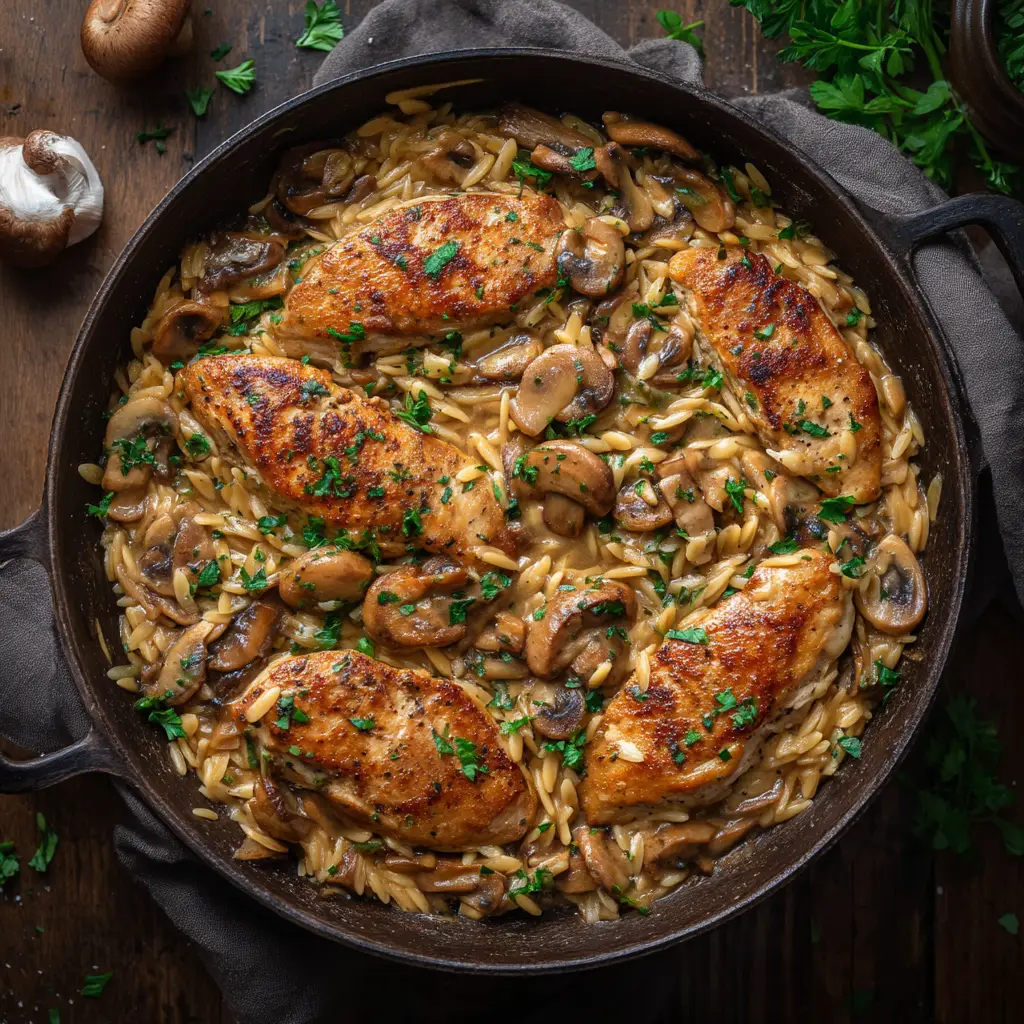 Slight angle perspective of sauteed chicken breasts nestled in creamy orzo pasta with mushrooms inside a dark skillet.
