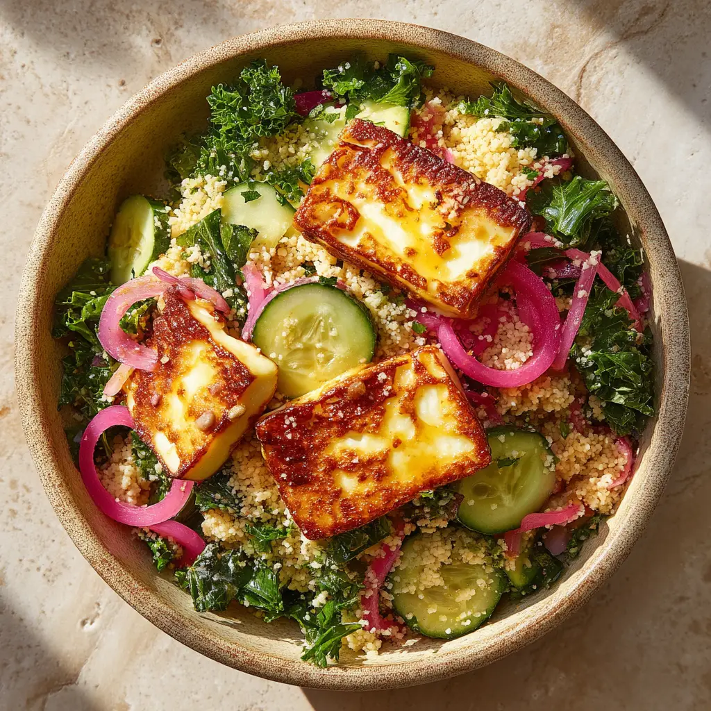 Perfectly seared golden-brown halloumi cheese slices glistening with a hot honey glaze in a skillet.