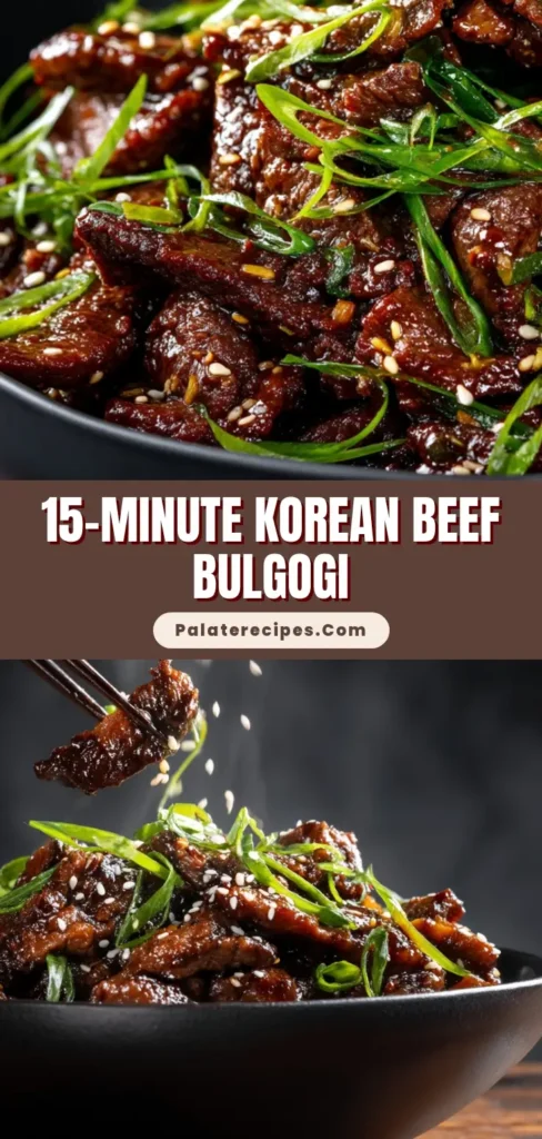 Extreme close-up of tender Korean Beef Bulgogi coated in a glossy dark soy sauce, garnished with green scallions and sesame seeds.