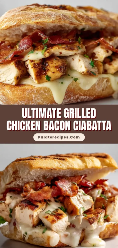 A towering Grilled Chicken Bacon Ciabatta sandwich featuring melted pepper jack cheese oozing over seasoned chicken and crispy bacon.