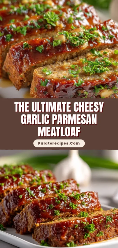 Thick, juicy slices of garlic parmesan meatloaf topped with a caramelized brown sugar glaze and chopped parsley.