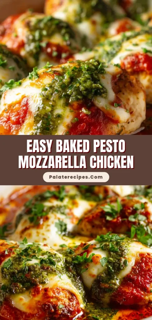 A beautiful white ceramic baking dish filled with Baked Pesto Mozzarella Chicken, featuring melted bubbly cheese and bright green pesto.