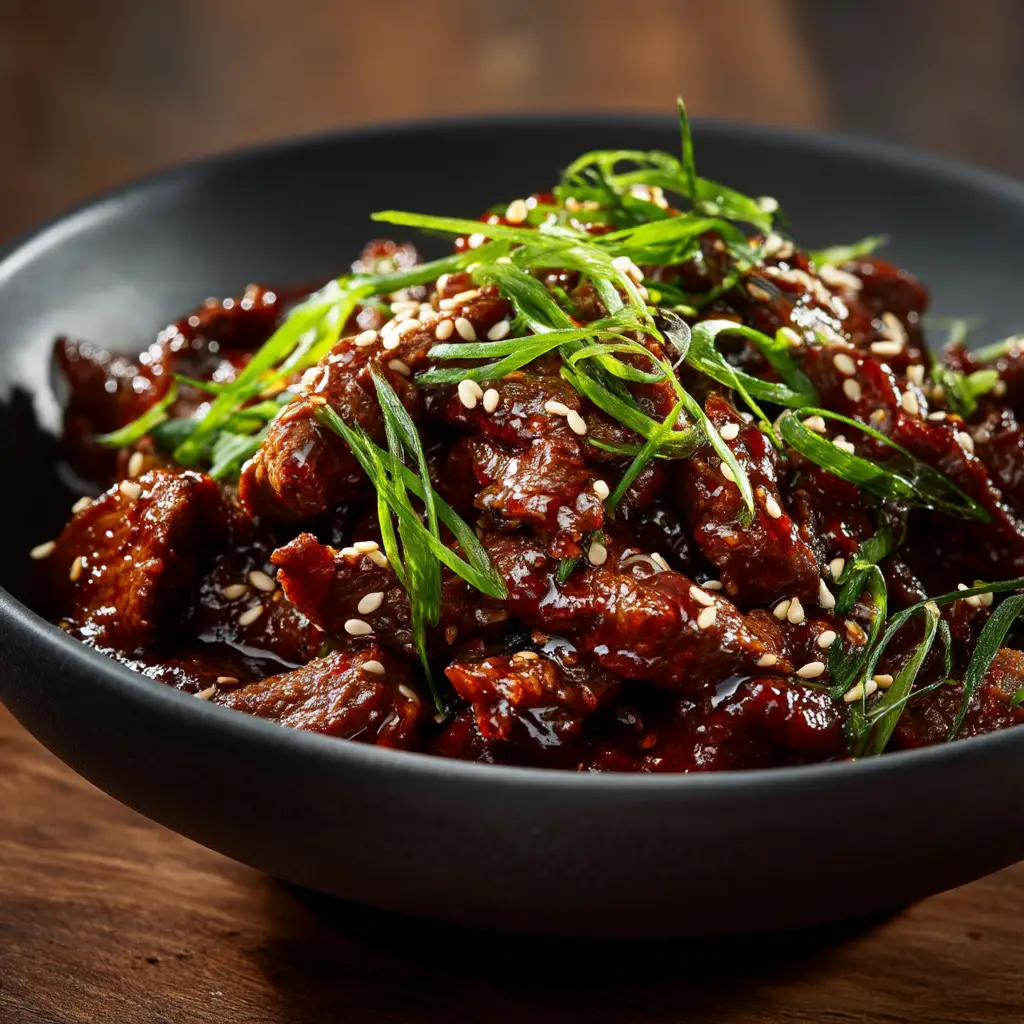 Dynamic action shot of Korean Beef Bulgogi searing in a hot cast-iron pan, featuring sharp highlights on the glazed beef.