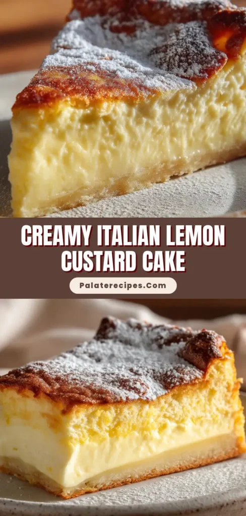 A close up of a perfect slice of lemon custard cake on a rustic white ceramic plate with a golden-brown crust.