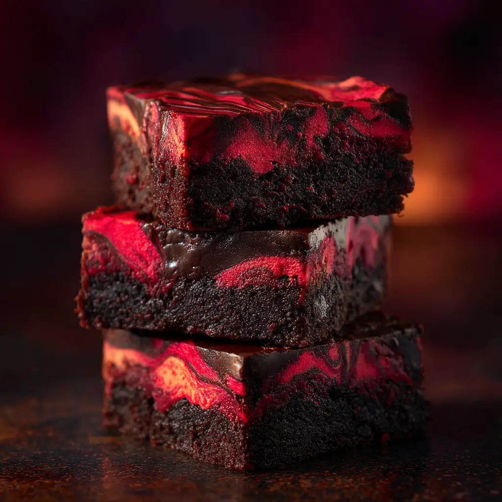 Decadent Vampire Fudge Recipe 2 A pan of setting Vampire Fudge Recipe showing the glossy blood-red cherry preserves swirled into the white chocolate layer.