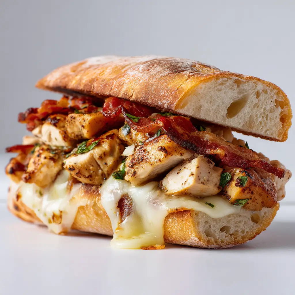 Close up of seasoned grilled chicken chunks searing in a hot skillet for a ciabatta sandwich.