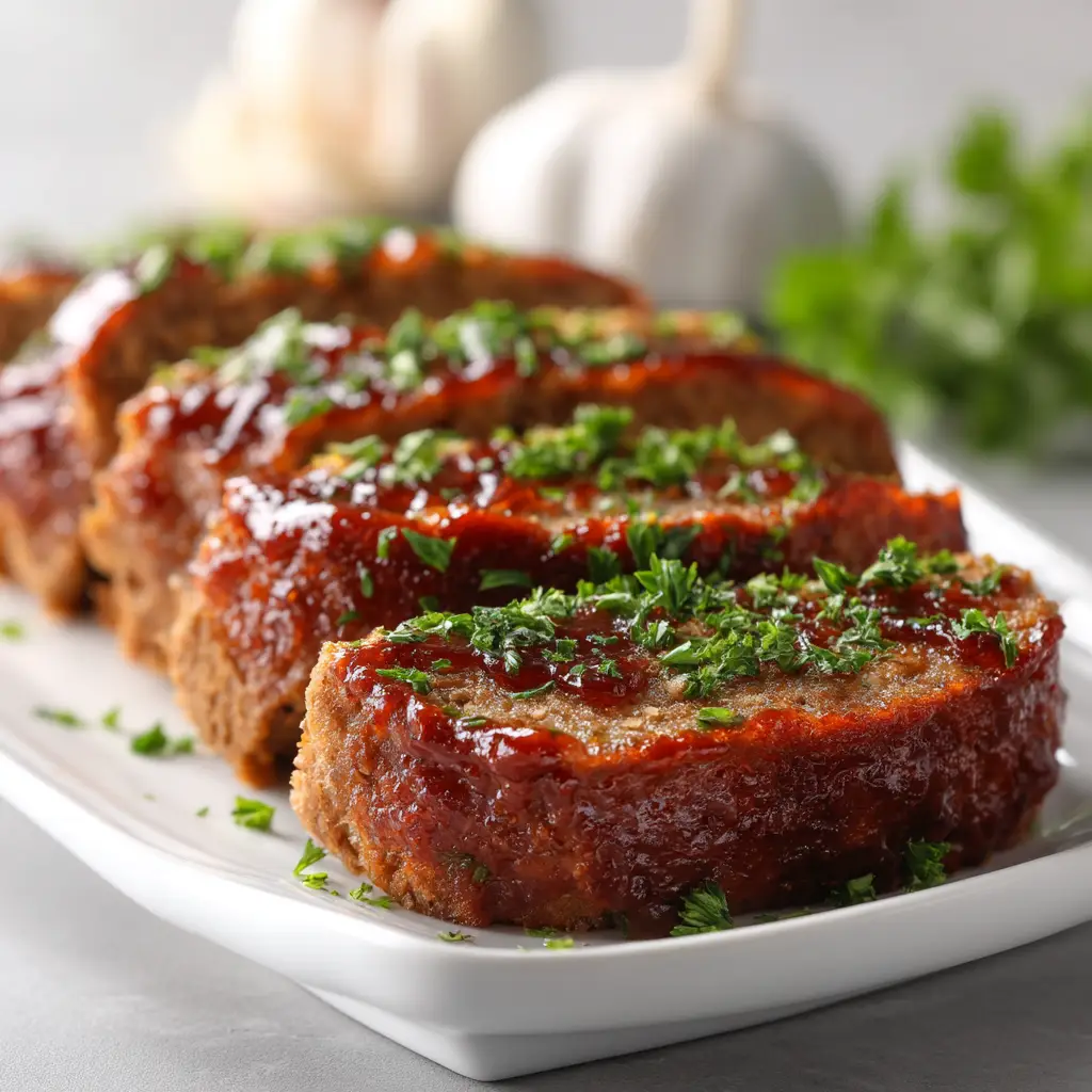 A beautifully baked free-form garlic parmesan meatloaf on a baking sheet, glistening with brown sugar glaze.