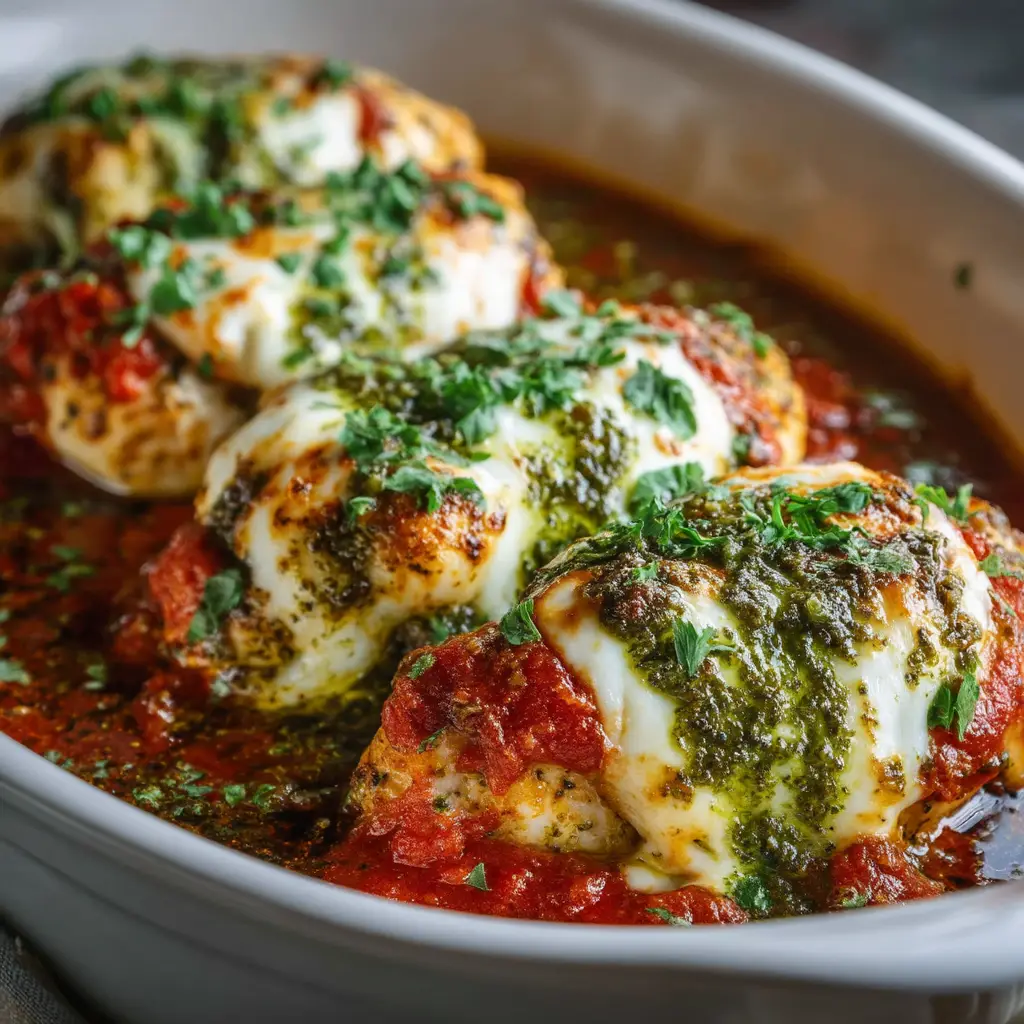 Photorealistic close-up shot of Baked Pesto Mozzarella Chicken garnished with fresh parsley in a baking dish.