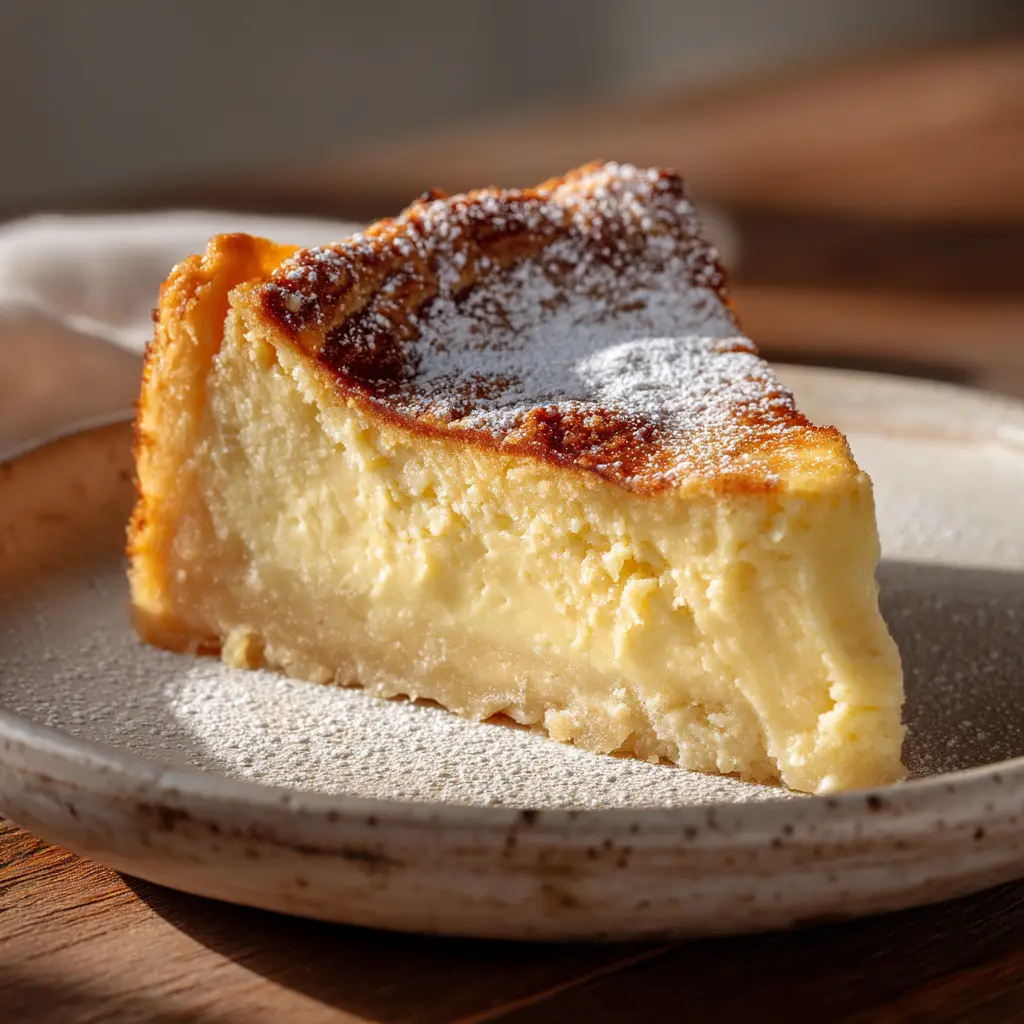 Top view of lemon custard cake lightly browned on the edges and generously dusted with powdered sugar.