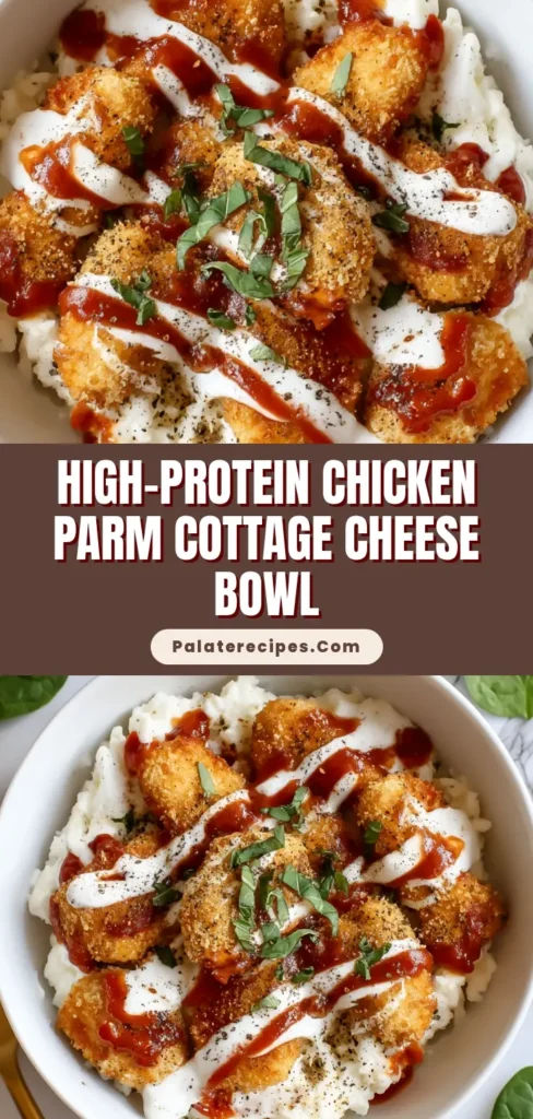A photorealistic overhead shot of a high-protein chicken parm cottage cheese bowl, featuring creamy cottage cheese topped with golden crispy chicken nuggets, rich marinara, white sauce, basil, and black pepper.