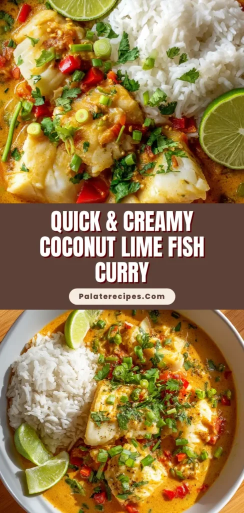 A close-up, overhead food photography shot of a vibrant coconut lime fish curry served in a modern, shallow white ceramic bowl with flaky fish chunks and jasmine rice.