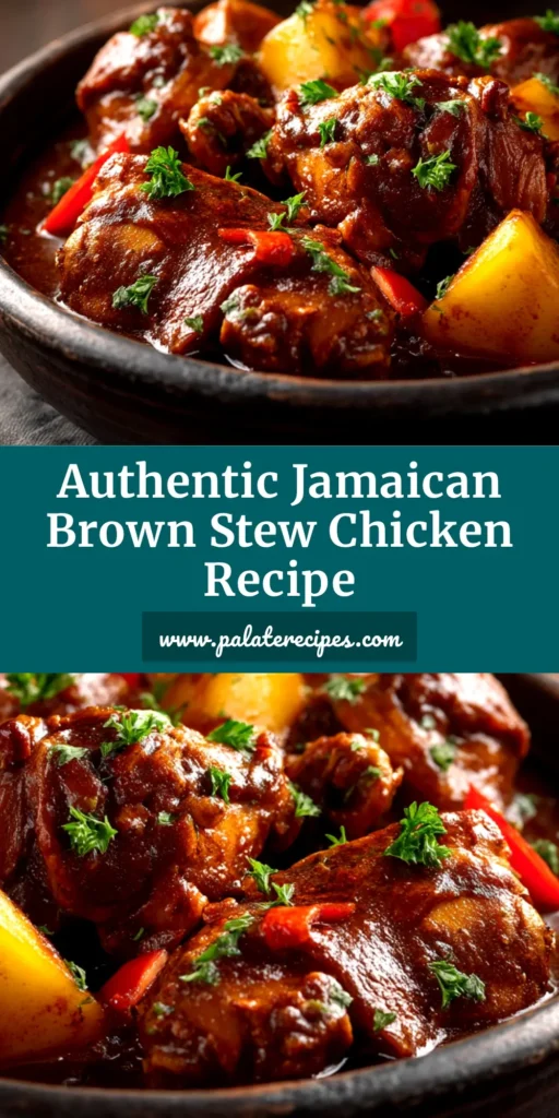 A close-up shot of authentic Jamaican Brown Stew Chicken in a rustic bowl, served with rice and peas. The chicken is coated in a rich, dark gravy with visible pieces of carrot and bell pepper.