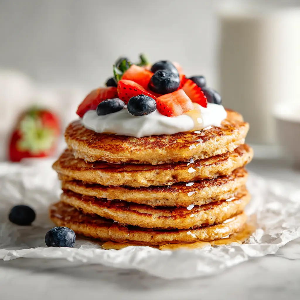 A single coconut flour pancake cut open with a fork to show the light and airy interior texture. Fresh berries are scattered around the plate.