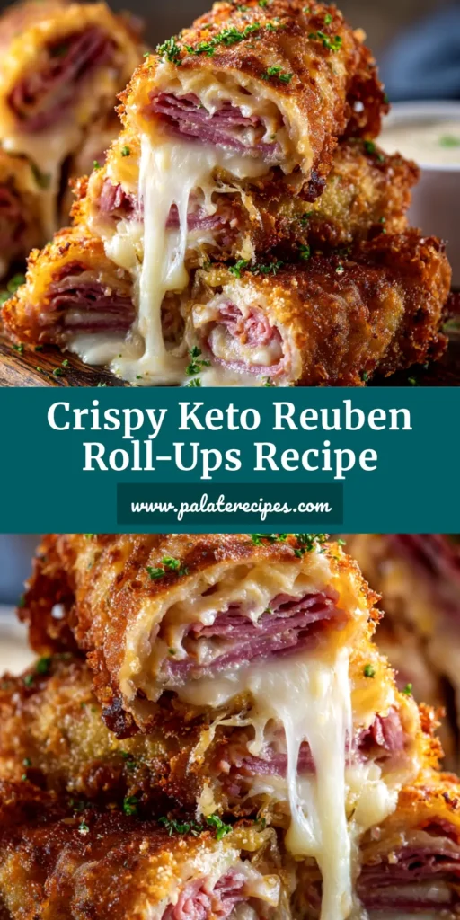 A platter of crispy Keto Reuben Roll-Ups, sliced in half to show the melted swiss cheese and sauerkraut inside, with a side of dipping sauce.