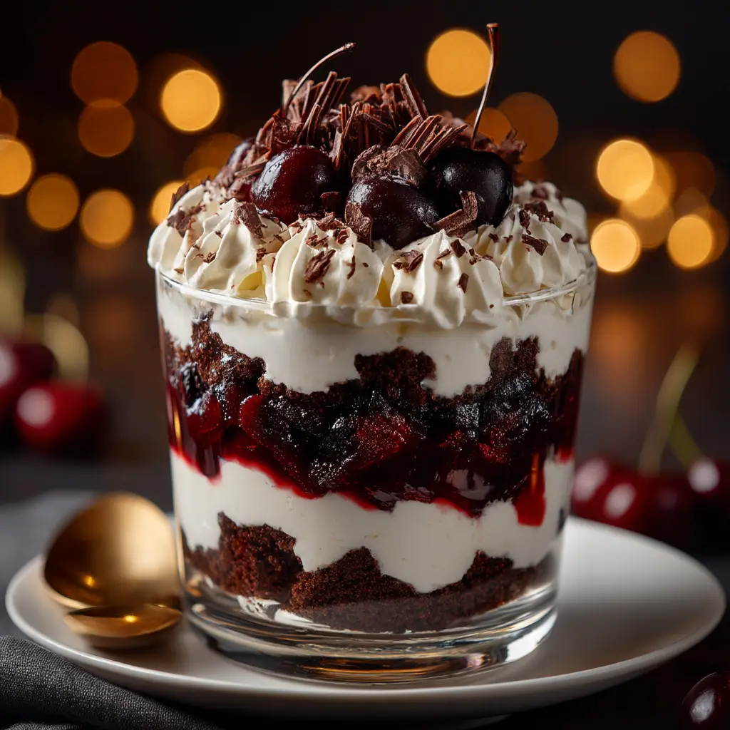Black Forest Trifle: A Decadent & Easy Layered Dessert 3 A side view of a layered chocolate cherry trifle, clearly showing the distinct layers of dark chocolate cake, bright red cherries, and white cream.