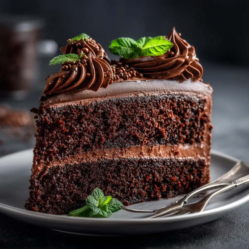 Midnight Fudge Cake: The Ultimate Rich & Decadent Recipe 2 The full Midnight Fudge Cake on a cake stand, with one slice removed to show the rich layers inside. The ganache drips perfectly down the sides.