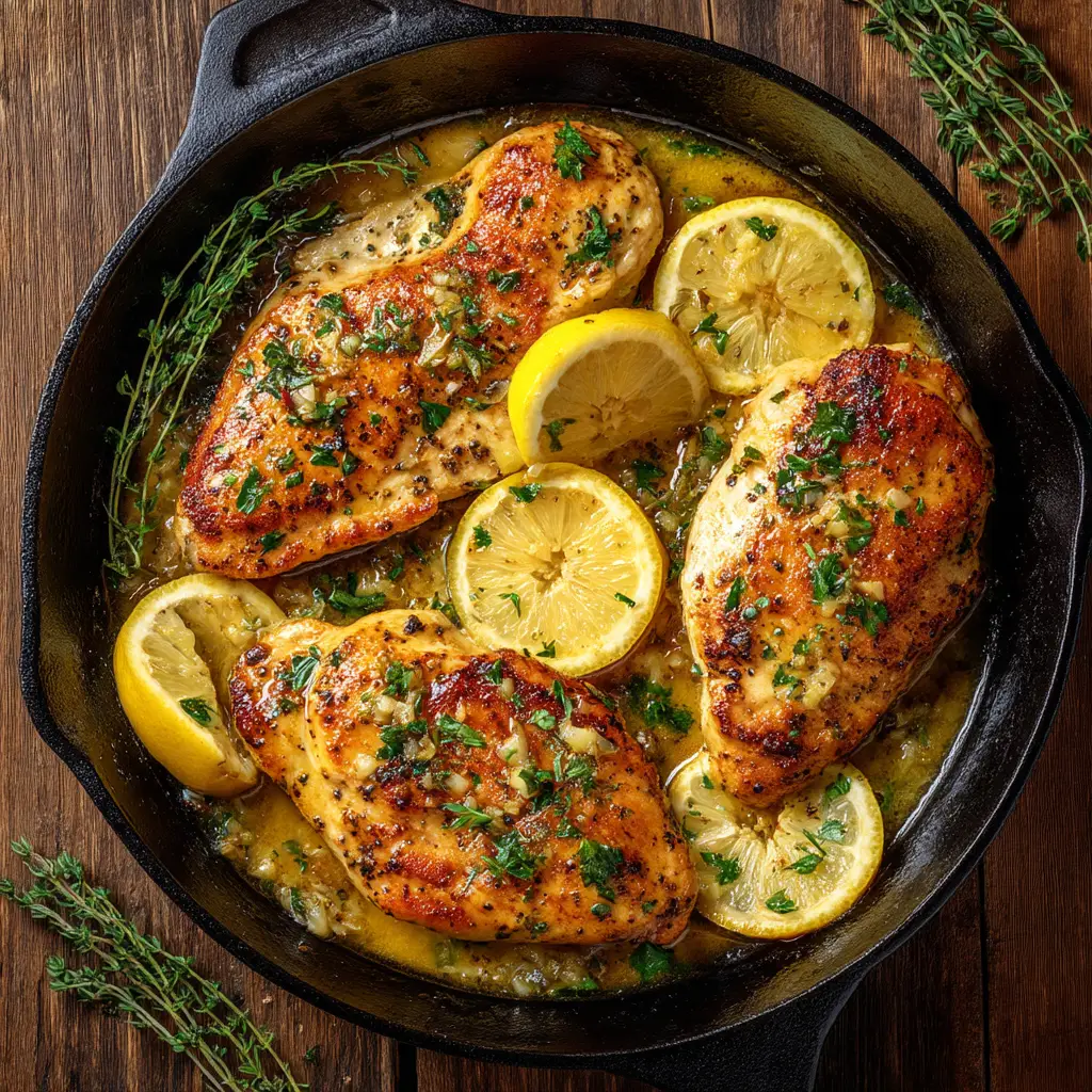 Lemon Garlic Chicken (The Only Recipe You Need) 2 A pan of finished Lemon Garlic Chicken, with chicken breasts simmering in a bubbling, zesty lemon garlic butter sauce and garnished with parsley.