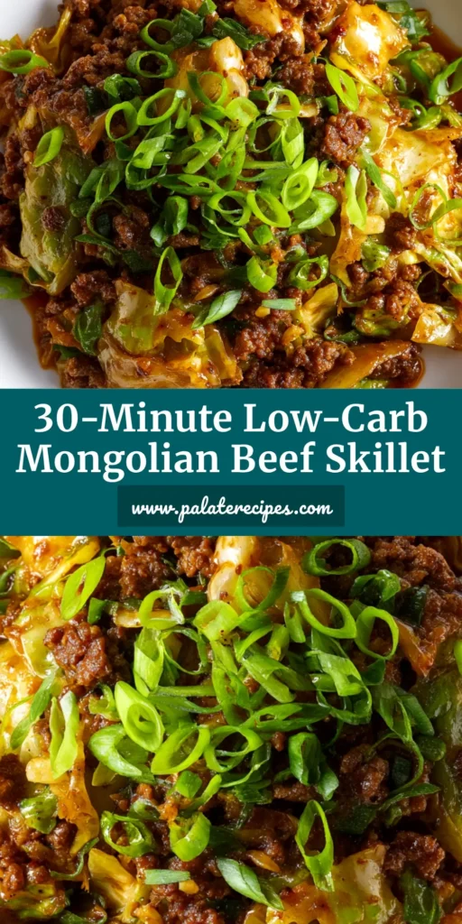 A serving of Low-Carb Mongolian Ground Beef in a white bowl, garnished with green onions and sesame seeds. The perfect easy keto dinner recipe.
