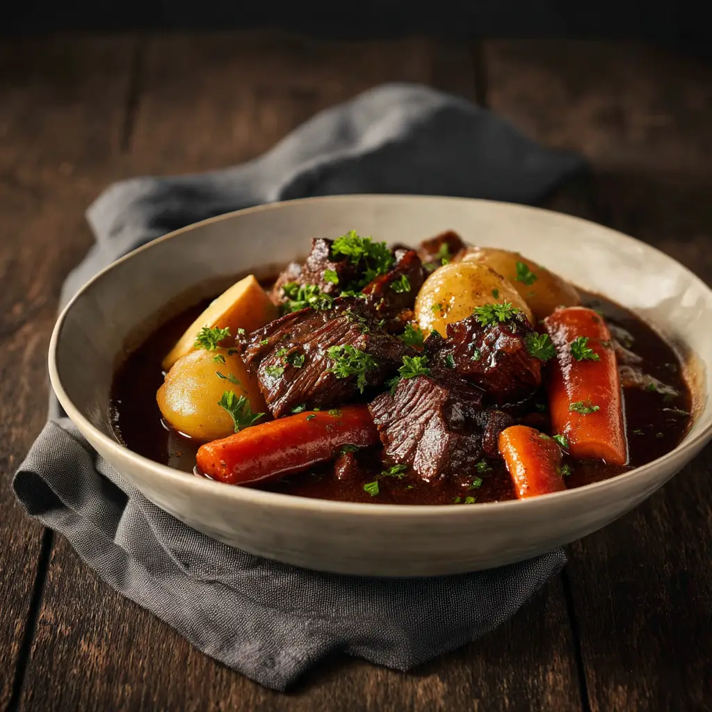 The process of preparing Boeuf Bourguignon, with seared beef chunks and aromatic vegetables in a cast-iron pot.