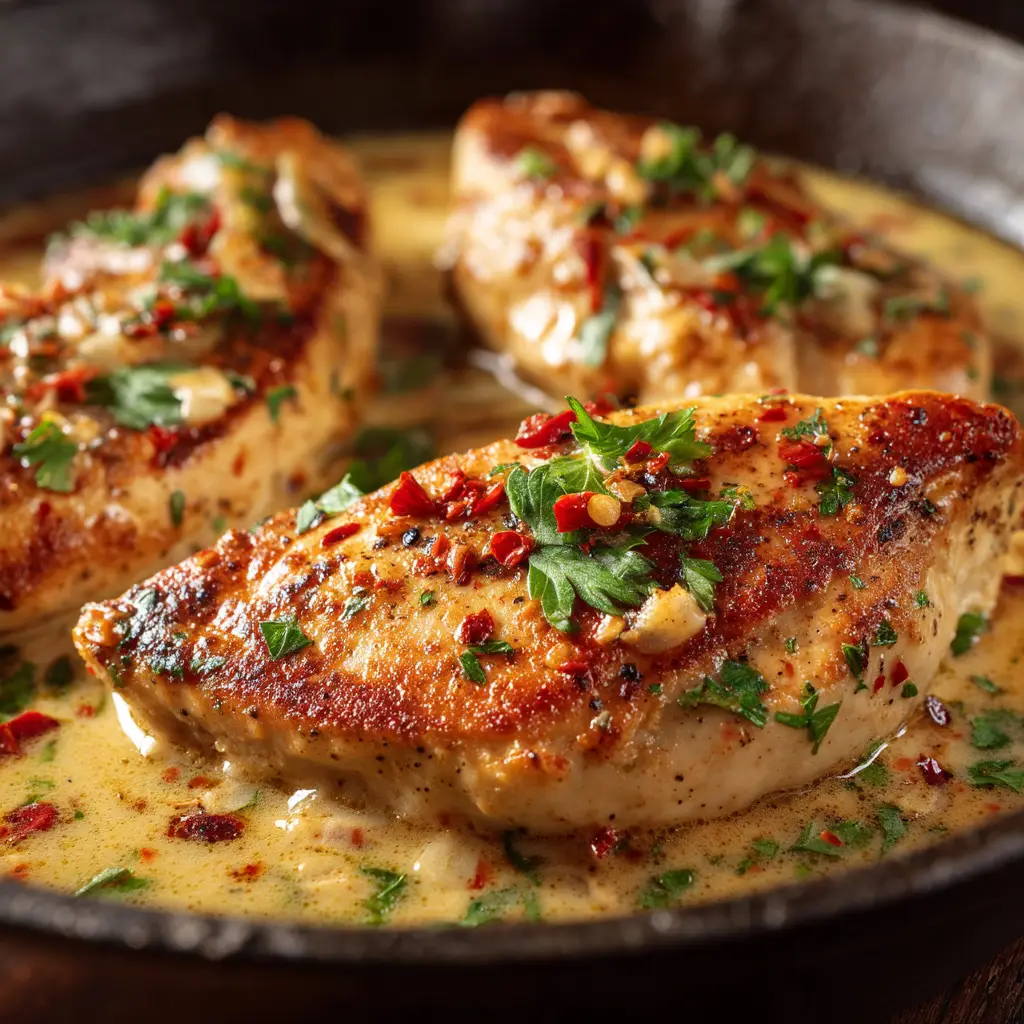 The process of making cowboy butter sauce in a skillet, showing the melted butter, garlic, and fresh herbs.