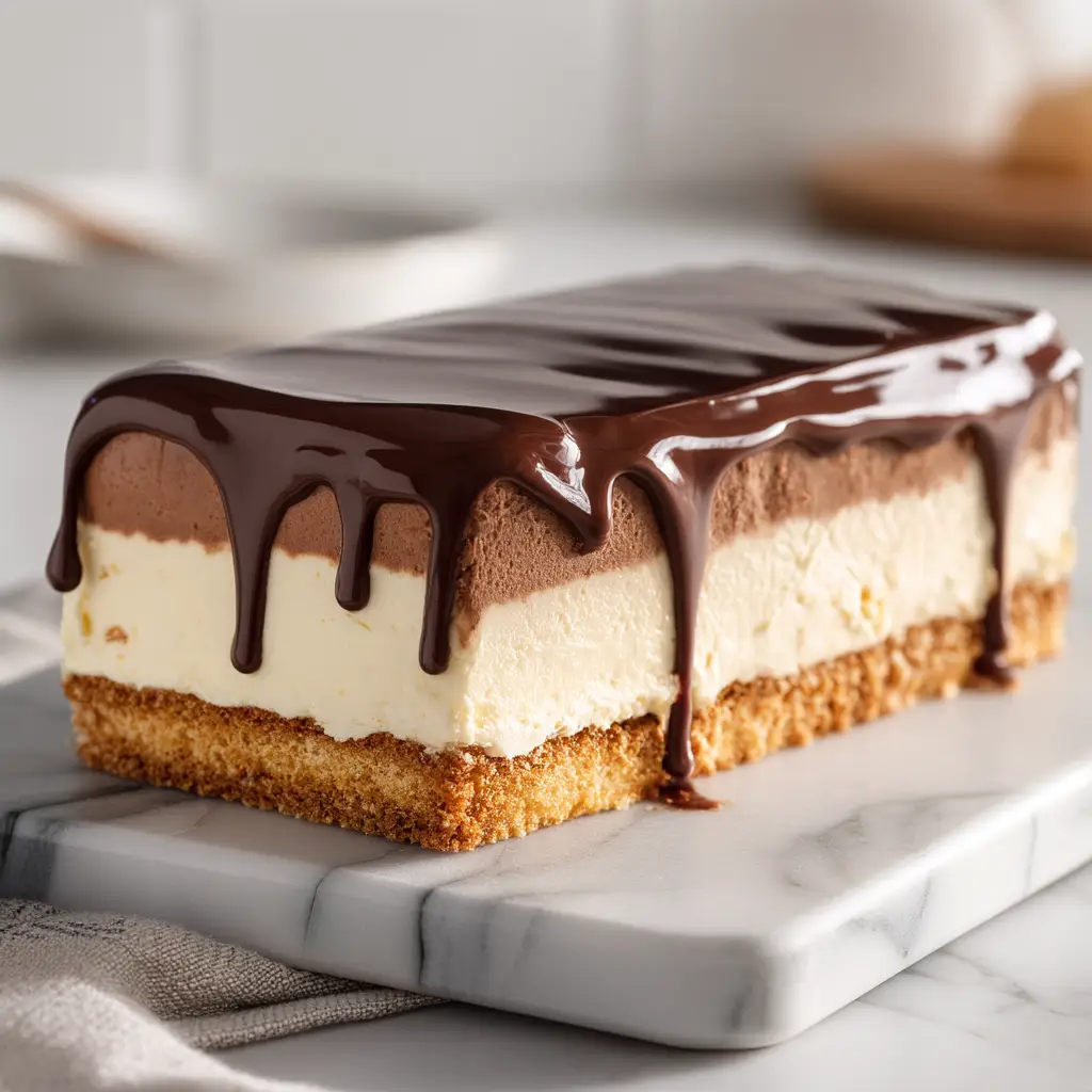 No-Bake Chocolate Eclair Cake: The Ultimate Easy Dessert 2 A close-up view of the creamy vanilla pudding and whipped topping mixture being spread over a layer of graham crackers in a glass dish.