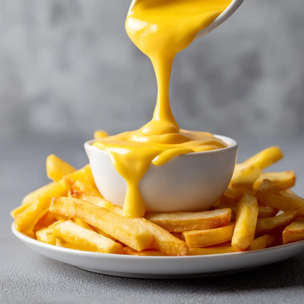 A saucepan on a stovetop containing creamy, homemade cheese sauce, with a whisk resting in the sauce, showing its smooth consistency.
