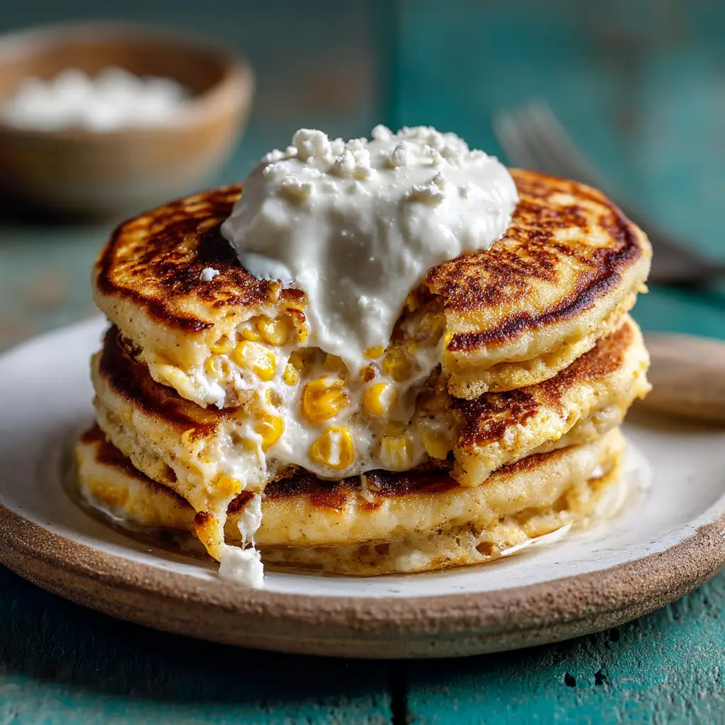 Cachapas Recipe: Authentic Venezuelan Sweet Corn Pancakes 3 A close-up shot of a single cachapa being folded over a generous slice of melting Queso de Mano on a hot skillet. This highlights a key step in making the Venezuelan corn pancakes.
