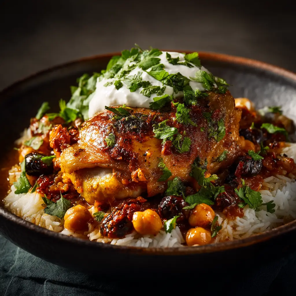 Pieces of marinated Syrian chicken arranged in a baking dish with onions before roasting.