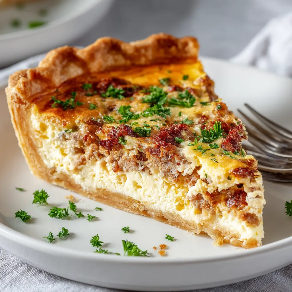 Meat Lovers Quiche: The Ultimate Hearty Recipe 3 A perfect slice of deep-dish quiche with bacon and sausage, showcasing the creamy egg custard and layers of meat.