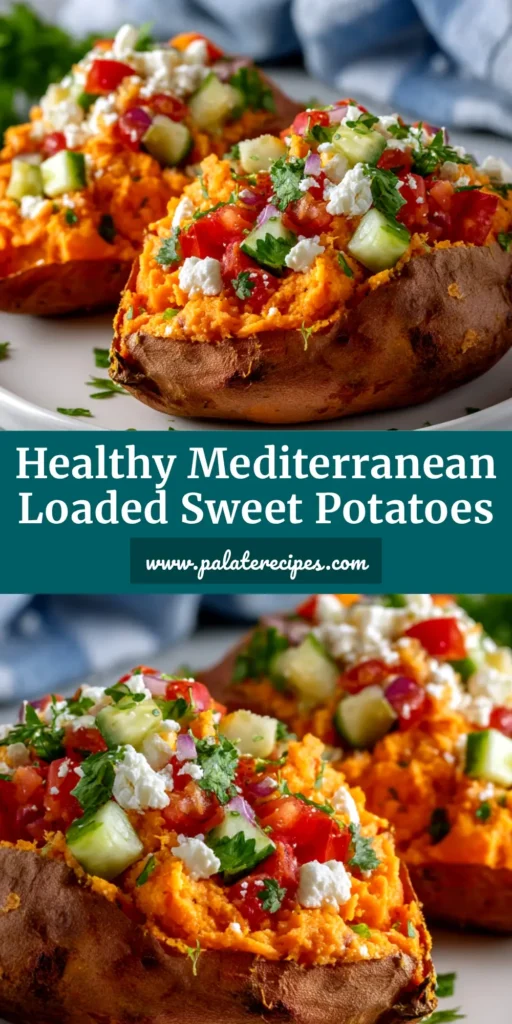 A close-up shot of two Mediterranean stuffed sweet potatoes topped with chickpeas, fresh vegetables, feta, and a creamy tahini dressing, ready to be eaten.