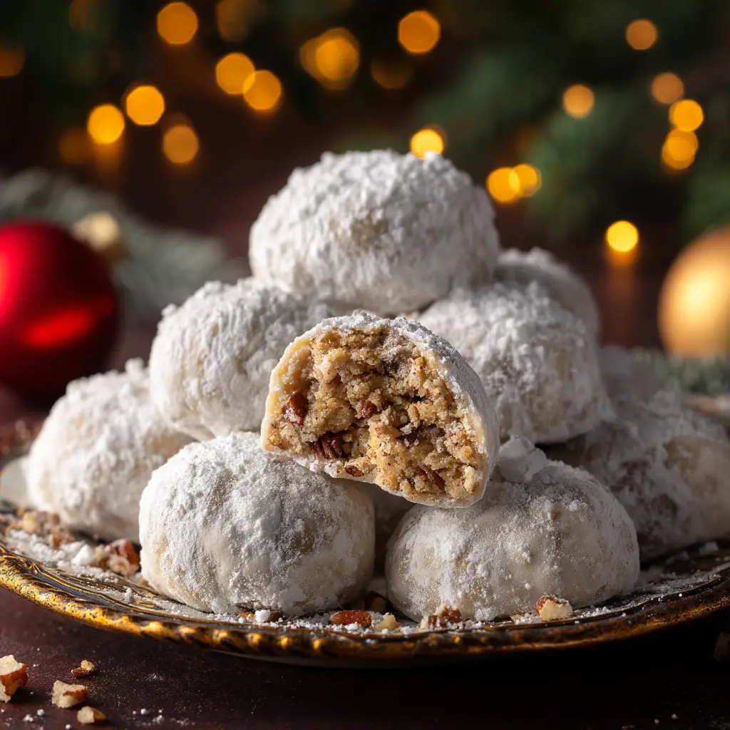 A close-up view of the crumbly, nutty texture inside a Mexican Wedding Cookie, revealing finely chopped pecans.