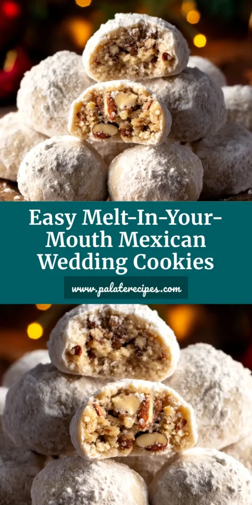 A close-up of buttery, crumbly Mexican Wedding Cookies coated in powdered sugar, made from an authentic Mexican Wedding Cookies Recipe. The cookies are piled on a plate, ready to be served.