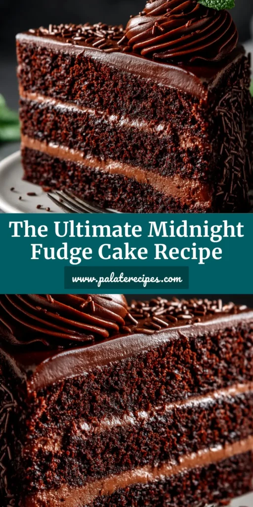 Midnight Fudge Cake: The Ultimate Rich & Decadent Recipe 4 A tall, beautiful slice of rich Midnight Fudge Cake on a white plate, showcasing its moist, dark crumb and glossy chocolate ganache frosting.