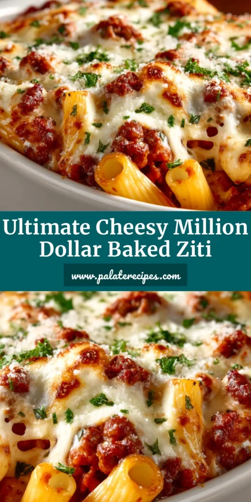 A large slice of Million Dollar Baked Ziti on a white plate, showing the creamy cheese layer between pasta and meat sauce. The top is golden brown and bubbly.
