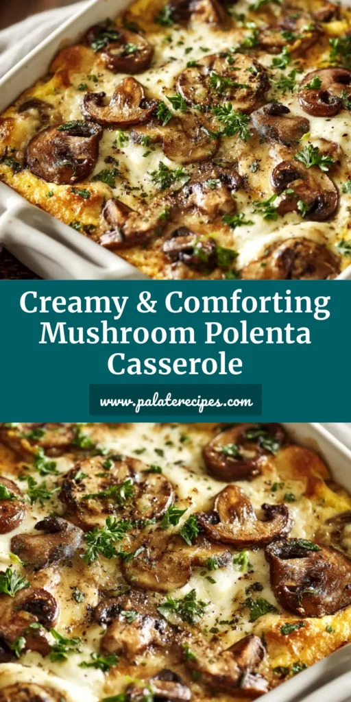 A delicious and creamy Mushroom Polenta Casserole baked in a white dish, shown with a slice taken out to reveal the layers.