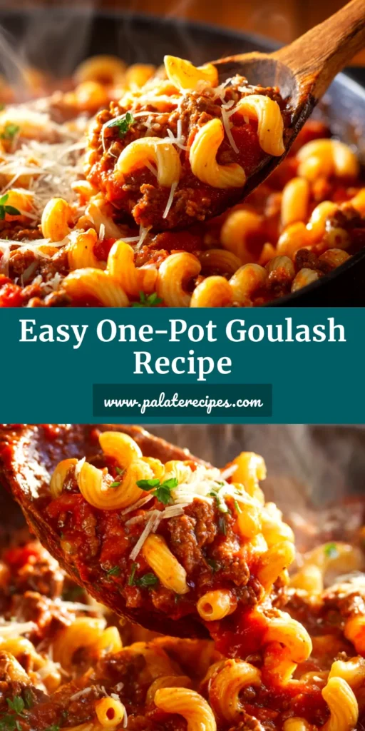 A delicious and easy Old Fashioned Goulash Recipe in a white bowl, garnished with fresh parsley. The perfect one-pot comfort food for a family dinner.