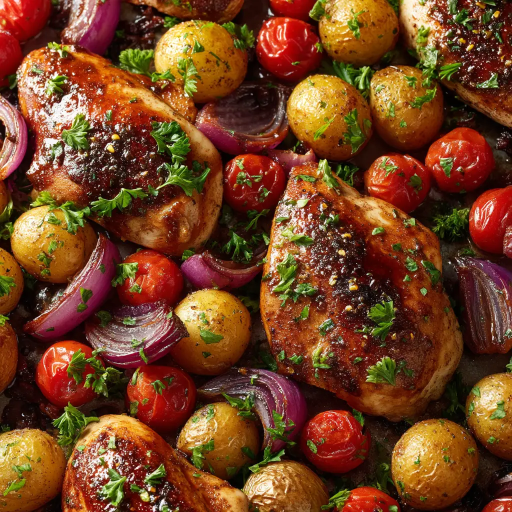Sheet Pan Balsamic Chicken and Veggies 2 A serving of the one-pan balsamic chicken and veggies on a white plate, ready to be eaten.