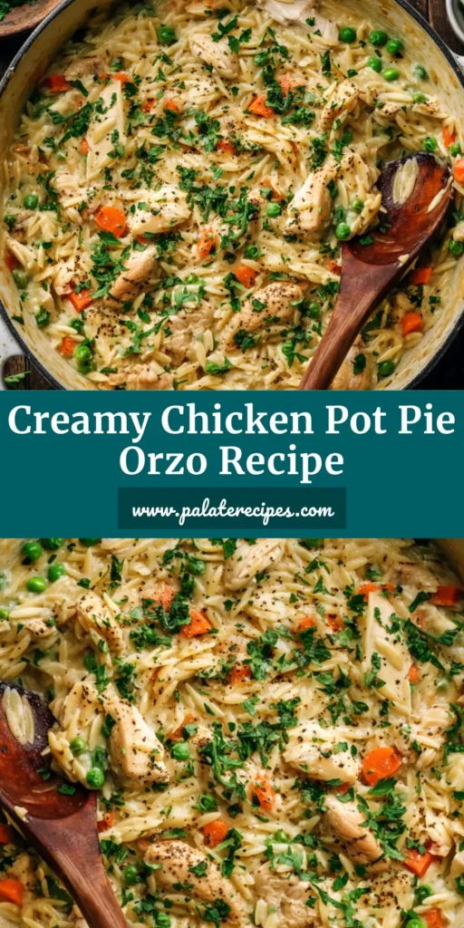 A skillet of creamy chicken pot pie orzo with vegetables, garnished with fresh parsley. This one-pot meal is the perfect comfort food dinner.