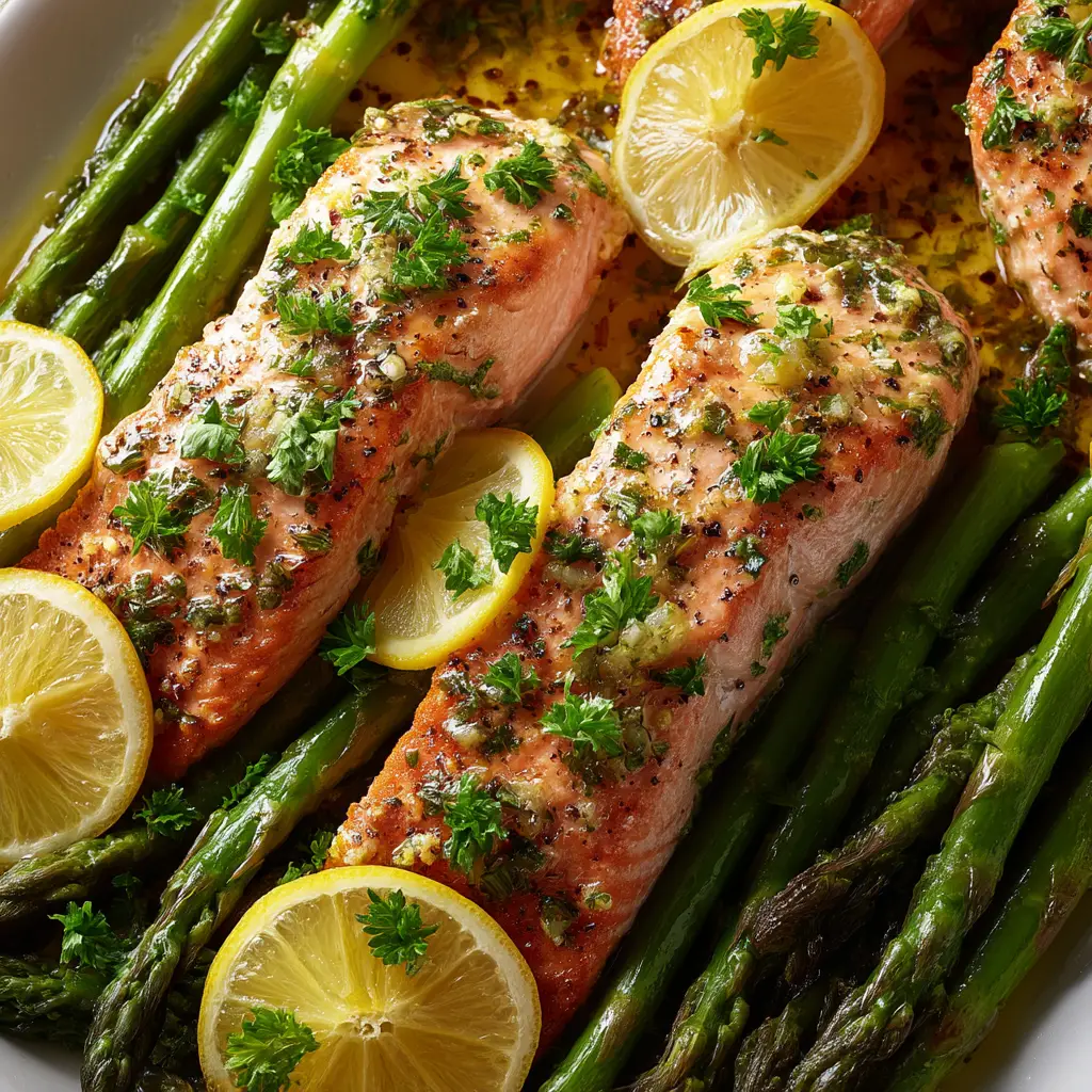 Baked Salmon in Foil (The Easiest, Most Flavorful Recipe) 3 A close-up overhead view of a delicious salmon foil packet, showing the flaky texture of the fish with garlic, herbs, and lemon.