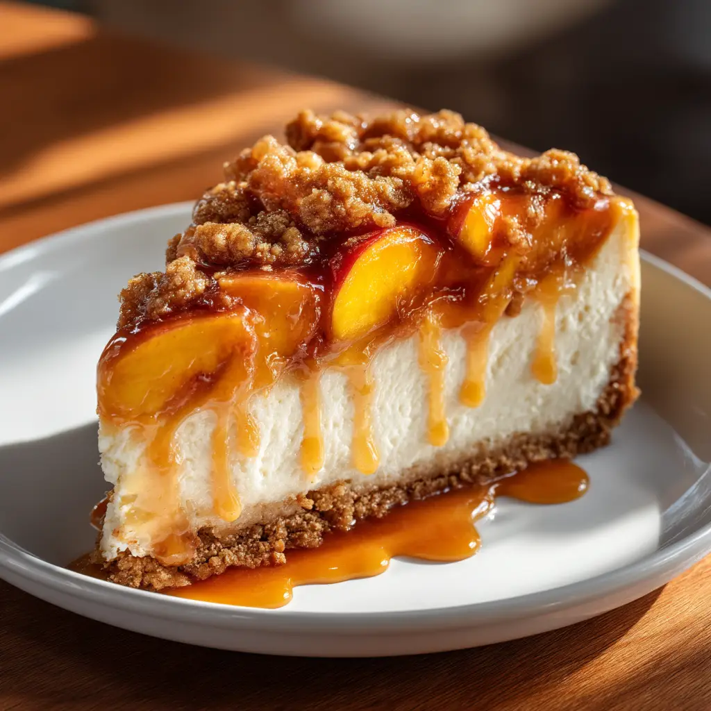 A fork cutting into a slice of peach cobbler cheesecake, showing the soft texture of the peach topping and rich filling.